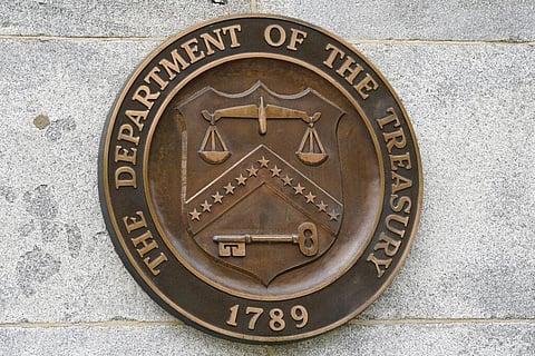 The Department of the Treasury's seal outside the Treasury Department building in Washington on May 4, 2021. (Photo | AP)
