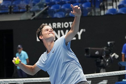 Alexander Blockx of Belgium celebrates after defeating Learner Tien of the U.S. in the boys singles final at the Australian Open tennis championship in Melbourne, Australia. (Photo | AP)