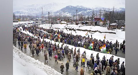 Congress supporters during party leader Rahul Gandhi-led 'Bharat Jodo Yatra', in Qazigund (Photo | PTI)