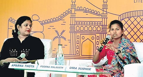 Writer Aparna Thota and mountaineer Poorna Malavath discuss the latter’s biography at the Hyderabad Literary Festival. (Photo | Express)