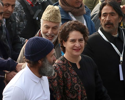 Congress leader Rahul Gandhi with his sister and party general secretary Priyanka Gandhi Vadra during the party's Bharat Jodo Yatra, in Srinagar, Jan. 29, 2023. (Photo | ANI)