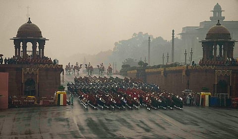 Tri-services bands perform during the Beating Retreat ceremony, at Vijay Chowk in New Delhi, Jan. 29, 2023. (Photo | PTI)