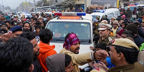 Body of the 20-year-old woman, who was killed after being hit and dragged by a car, being taken for cremation from her residence. (Photo | PTI)