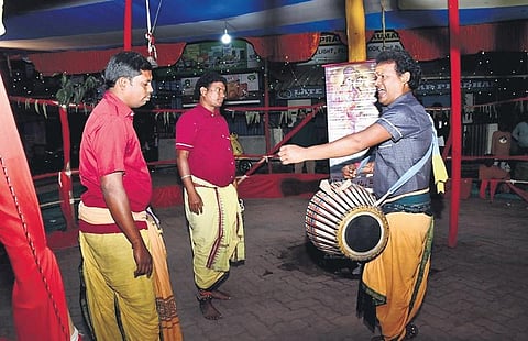 Sanchar artistes performing at Hatpada during Dhanuyatra in Bargarh. (Photo I EPS)
