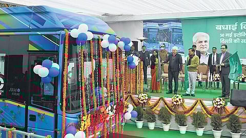 Chief Minister Arvind Kejriwal and Transport Minister Kailash Gahlot during the flag- off ceremony of 50 electric buses on Monday | Shekhar Yadav