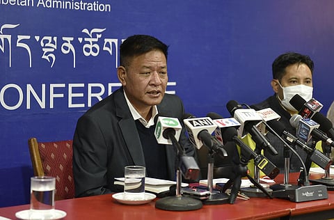 A file photo of Penpa Tsering, the Sikyong of the Central Tibetan Administration during a press conference. (Photo | Twitter @SikyongPTsering)