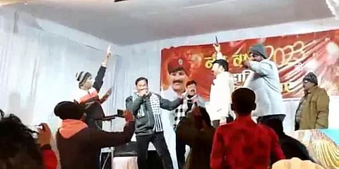 Congress MLA Sunil Saraf is seen brandishing a revolver at a New Year party in Kotma, Madhya Pradesh. (Photo | Screengrab)