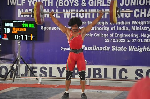 Mukund Aher in action at the IWF Youth, Junior and Senior National Weightlifting Championships in Nagercoil, Tamil Nadu