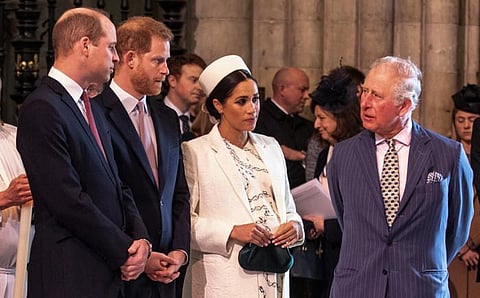 Britain's Meghan, Duchess of Sussex talks with Prince Charles, Prince of Wales (R), as Prince William, Duke of Cambridge (L), talks with Prince Harry, Duke of Sussex (2L). (File Photo | AFP)