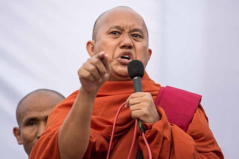 Buddhist monk Wirathu speaks during a rally. (File Photo | AFP)