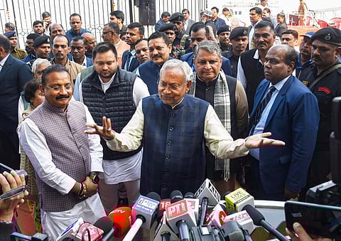 Bihar Chief Minister Nitish Kumar with Deputy Chief Minister Tejashwi Yadav speaks to the media. (Photo | PTI)
