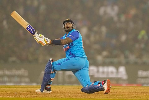 Indian batter Suryakumar Yadav plays a shot during the 2nd T20 cricket match between India and New Zealand. (Photo | PTI)