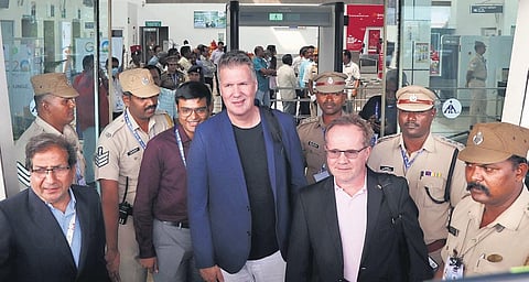 Delegates of G20 summit arrive at Pudhucherry Airport on Sunday. Elaborate security arrangements have been put in place across the city | Express