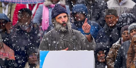Congress leader Rahul Gandhi addresses a public rally at the end of the party's 'Bharat Jodo Yatra', in Srinagar. (Photo | PTI)