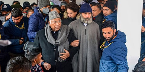 Congress President Mallikarjun Kharge with party leaders Rahul Gandhi and Priyanka Gandhi during the flag hoisting ceremony at party office in Srinagar. (Photo | PTI)