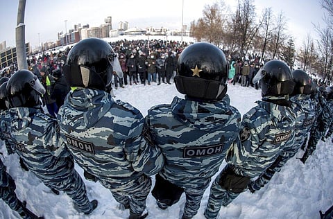 Police block a protest against the jailing of opposition leader Alexei Navalny in Yekaterinburg, Russia. (Photo | AP)