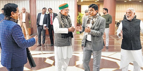 Pralhad Joshi, Arjun Ram Meghwal and TRS leaders Nama Nageshwar Rao and K Keshava Rao before an all-party meeting in New Delhi on Monday | PTI