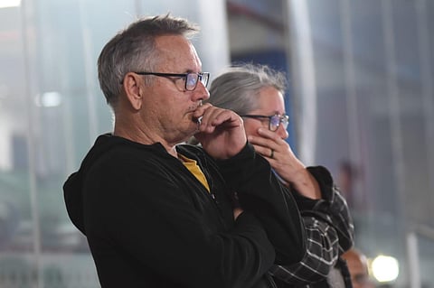 Brad Hayward and Ellic Hayward whose two sons are playing in two different teams in Hockey World Cup, watch a match bat Kalinga Stadium in Bhubaneswar. (Photo | Debadatta Mallick, EPS)