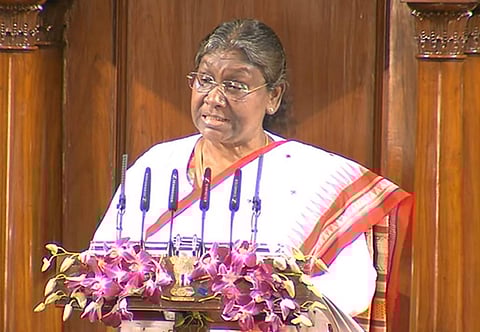 President Droupadi Murmu addresses the joint session of Parliament on the opening day of the Budget Session, in New Delhi. (Photo | PTI)