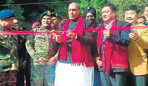 Defence Minister Rajnath Singh, with Arunachal Pradesh Chief Minister Pema Khandu, inaugurates Siyom Bridge in Arunachal Pradesh on Tuesday | pti