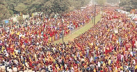 Members of All Odisha Anganwadi Association hold a protest rally at Rajmahal over their various demands, in Bhubaneswar, on Tuesday | Shamim Qureshy