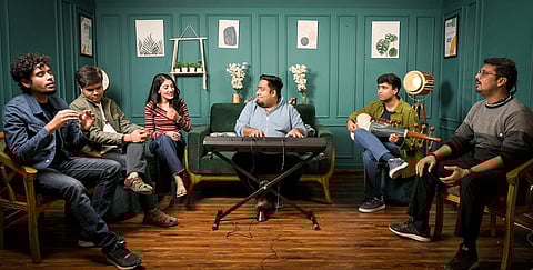 Members of The Anirudh Varma Collective (L-R) Santur Kundu, Arjun Pandey, Shraddha Shree, Anirudh Varma (below), Rohan Prasanna, Prateek Narsimha