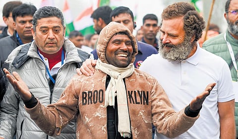 Congress leader Rahul Gandhi with padyatris in Baghpat on Wednesday | pti