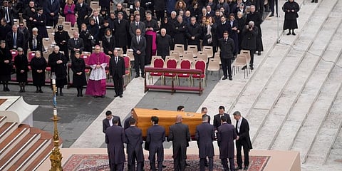 The coffin of late Pope Emeritus Benedict XVI is brought to St. Peter's Square for a funeral mass at the Vatican. (Photo | AP)