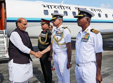 Defence Minister Rajnath Singh being welcomed on his arrival, in Port Blair on Thursday. (Photo | ANI)