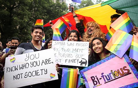 LGBTQ rights activists hold placards and shout slogans as they march in New Delhi, Nov. 12, 2017. (File Photo | Express)