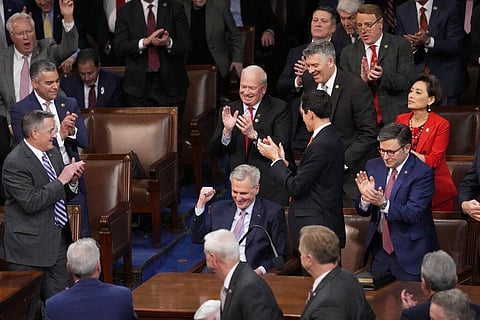 Rep. Kevin McCarthy, R-Calif., reacts after winning the 15th vote in the House chamber. (Photo | AP)