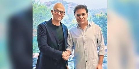 Microsoft CEO Satya Nadella with IT Minister K T Rama Rao on Friday