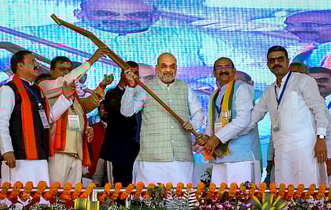 Union Home Minister Amit Shah at a public meeting, in Korba, Chhattisgarh. (Photo | PTI)