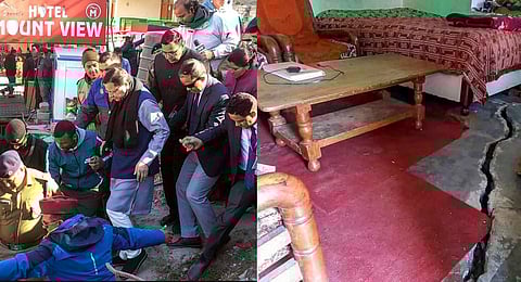 Uttarakhand Chief Minister Pushkar Singh Dhami inspects the landslide affected area of Joshimath in Chamoli district. (Photo | PTI)