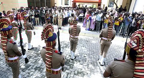 MS Swaminathan being given a gun salute at Besant Nagar electric crematorium in Chennai on Saturday | P Ravikumar
