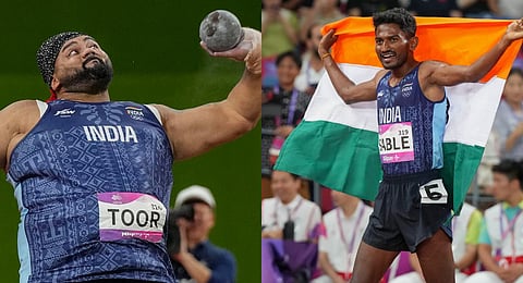 Asian Games: Tajinderpal Singh Toor competes in the men's shot put final;Â Â Avinash Mukund Sable celebrates after winning the men's 3000-meter steeplechase final event. (PTI)