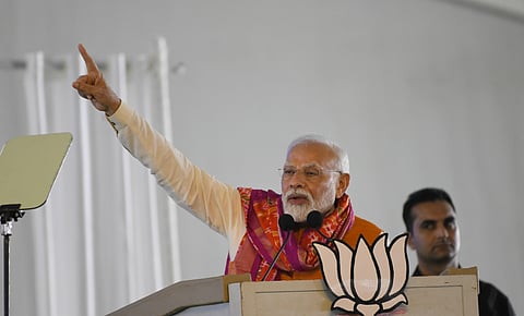 Prime Minister Narendra Modi during a meeting at Bhoothpur in Mahabubnagar on Sunday. (Vinay Madapu, EPS)