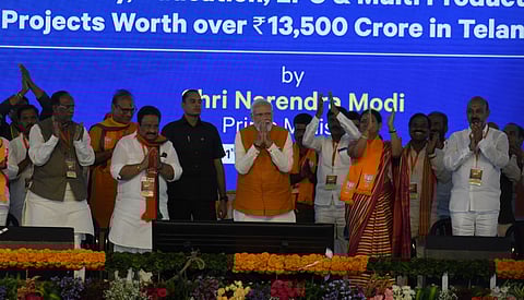 Prime Minister Narendra Modi during a meeting at Bhoothpur in Mahabubnagar on Sunday. (Vinay Madapu, EPS)