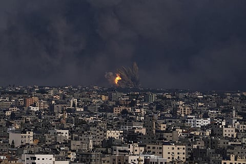 FILE: Fire and smoke rise following an Israeli airstrike, in Gaza City, Sunday, October 8, 2023. (File Photo | AP)