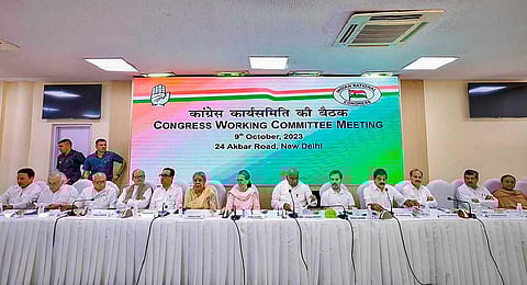 Congress President Mallikarjun Kharge with party leaders Sonia Gandhi, Rahul Gandhi, KC Venugopal, Jairam Ramesh, Adhir Ranjan Chowdhury, Ambika Soni, Ajay Maken during the CWC meeting in New Delhi.