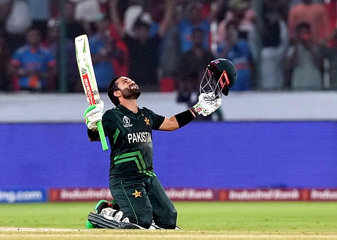 Pakistan batter M Rizwan celebrates his team's win in the ICC Men's Cricket World Cup match between Pakistan and Sri Lanka in Hyderabad, Tuesday, Oct. 10, 2023. (Photo | PTI)
