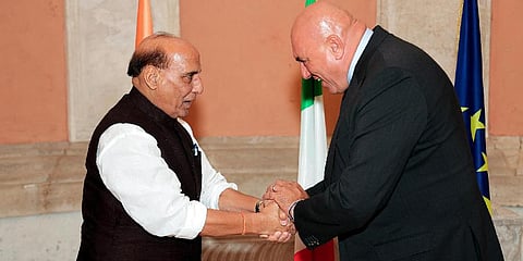 Union Defence Minister Rajnath Singh meets Italian Defence Minister Guido Crosetto in Rome (Photo | PTI)
