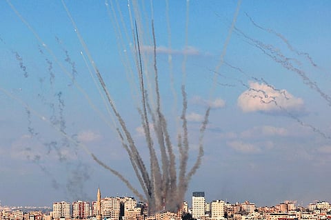 A salvo of rockets is fired by Palestinian militants from Gaza towards Israel on October 10, 2023. (Photo | AP)