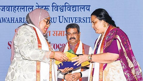 Tanzanian President Samia Suluhu Hassan receives honorary doctorate from JNU V-C Santishree Dhulipudi Pandit as Union minister Dharmendra Pradhan looks on | PTI
