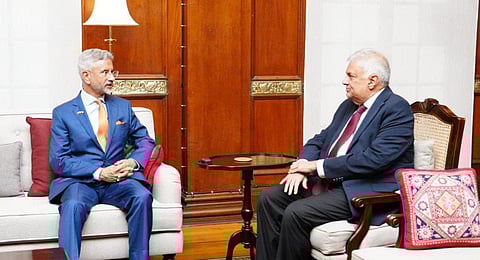 External Affairs Minister S Jaishankar meets with Sri Lankan President Ranil Wickremesinghe at the Presidential Secretariat in Colombo, on Wednesday, Oct 11, 2023. (Photo | MEA)