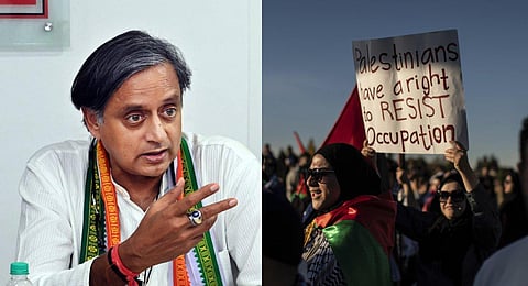 (L-R) A collage of Congress MP Shashi Tharoor and a Palestinian group protest against Israel's occupation, used for representational purposes only. (Photos | EPS, AP)