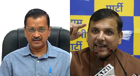 A collage of Delhi CM Arvind Kejriwal (L) and AAP MP Sanjay Singh, is used for representational purposes only. (Photos | PTI)