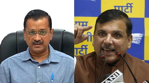 Delhi CM Arvind Kejriwal (L) and AAP MP Sanjay Singh.