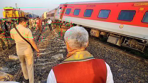 Union minister and Buxar MP Ashwini Choubey visited the site of train derailment near Raghunathpur railway station in Bihar's Buxar district on Oct 12, 2023. (Twitter)