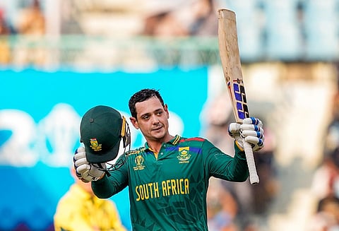 South Africa's Quinton de Kock celebrates his century during the ICC Men's Cricket World Cup 2023 match between Australia and South Africa. (Photo | PTI)